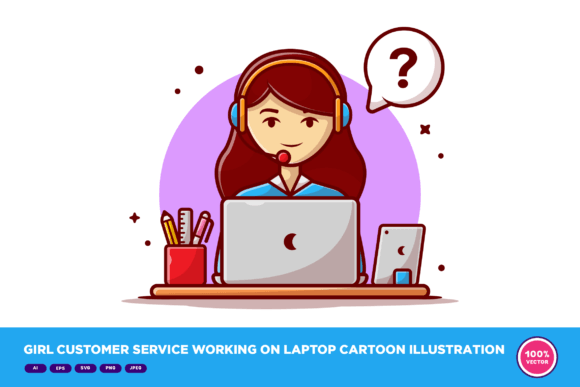 Girl Customer Service Working on Laptop: A Modern Illustration for Creative Use